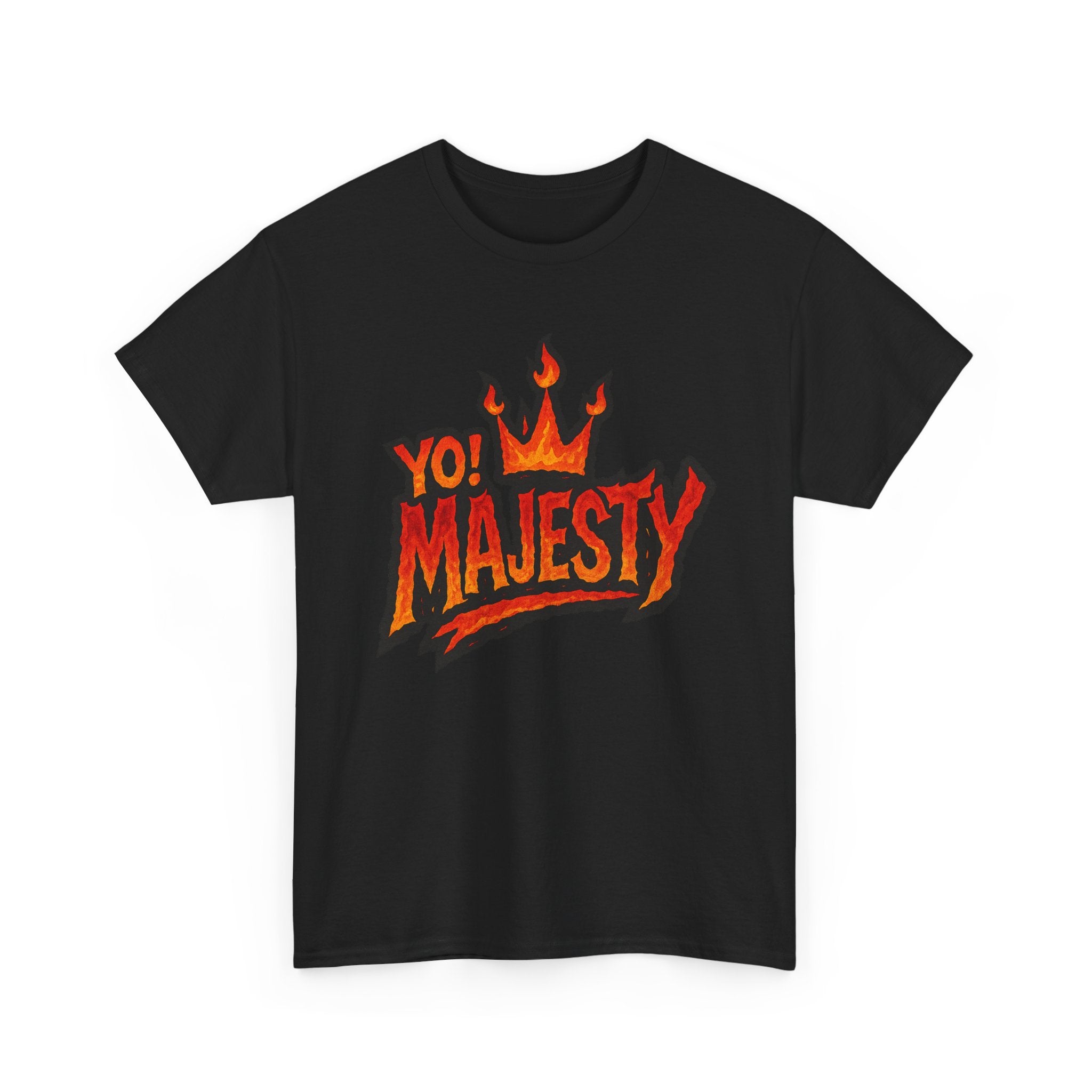 "Yo! Majesty Flaming" Graphic Tee - Unisex Heavy Cotton Tee, Flaming Fire Logo