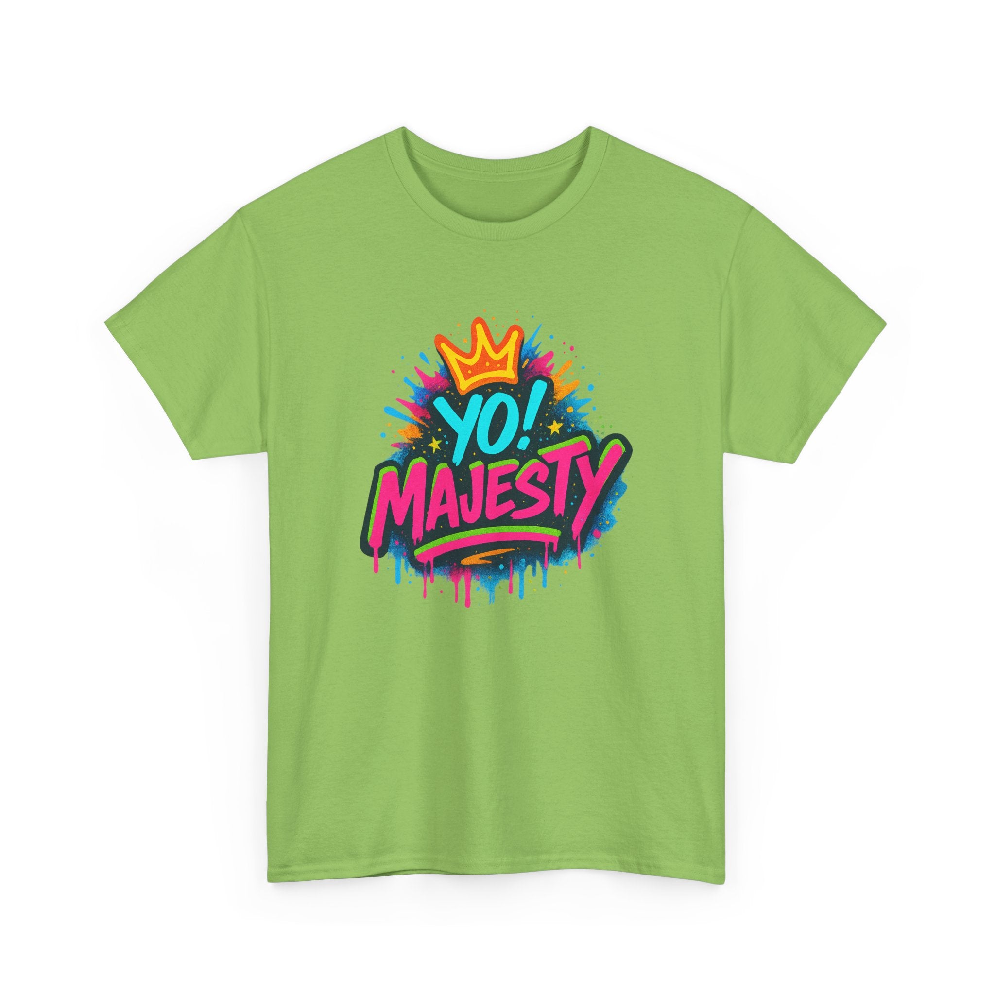 "Yo! Majesty Graffiti" Graphic Tee - Unisex Heavy Cotton Tee, Neon Crown Logo