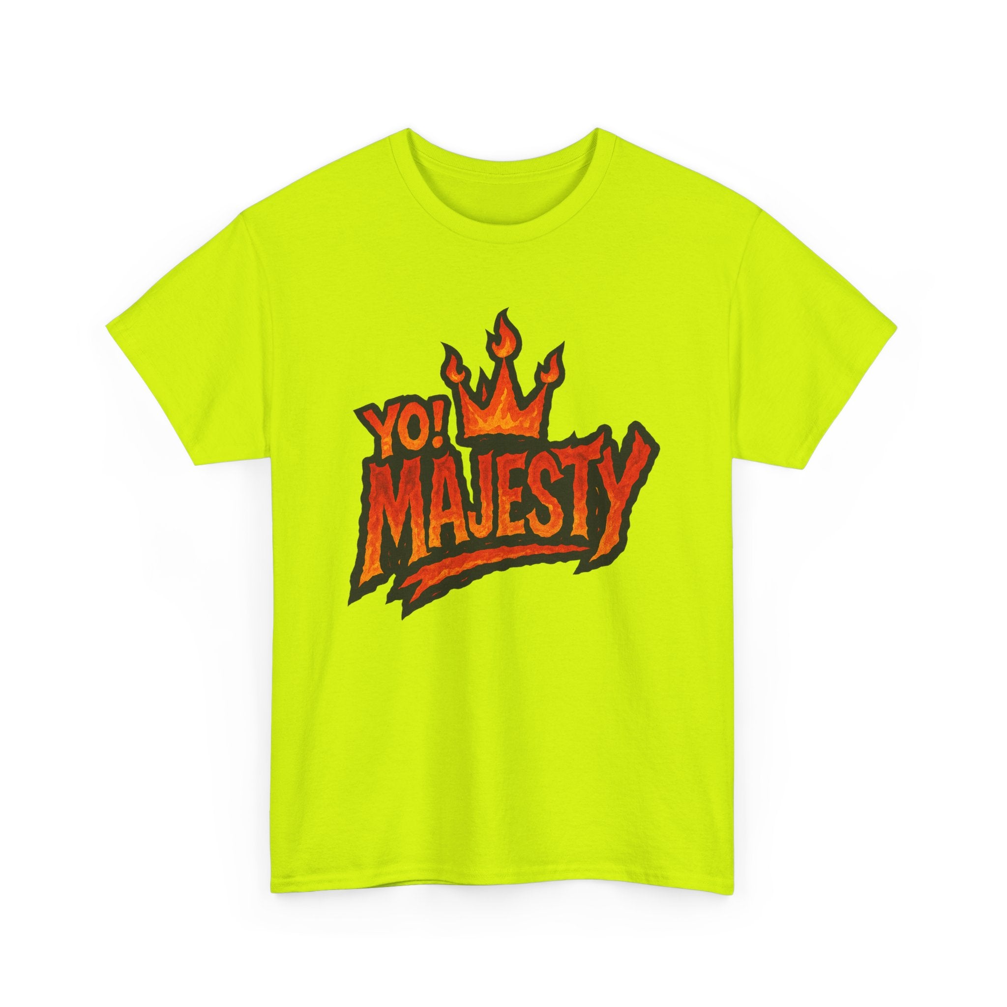 "Yo! Majesty Flaming" Graphic Tee - Unisex Heavy Cotton Tee, Flaming Fire Logo
