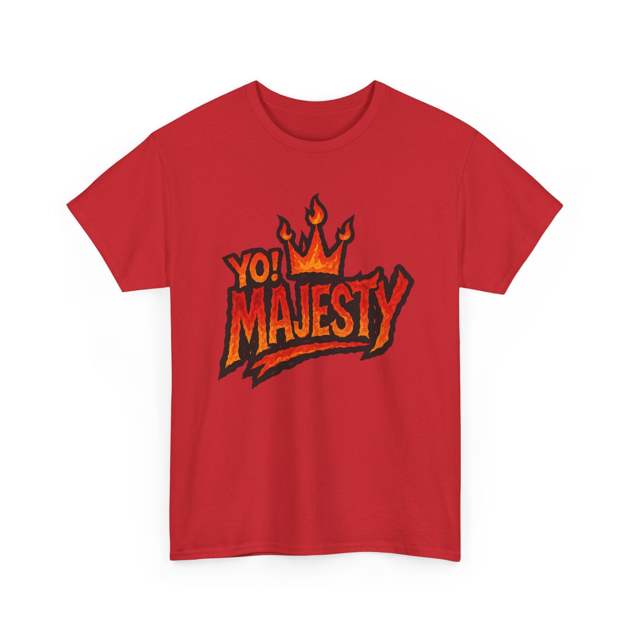 "Yo! Majesty Flaming" Graphic Tee - Unisex Heavy Cotton Tee, Flaming Fire Logo