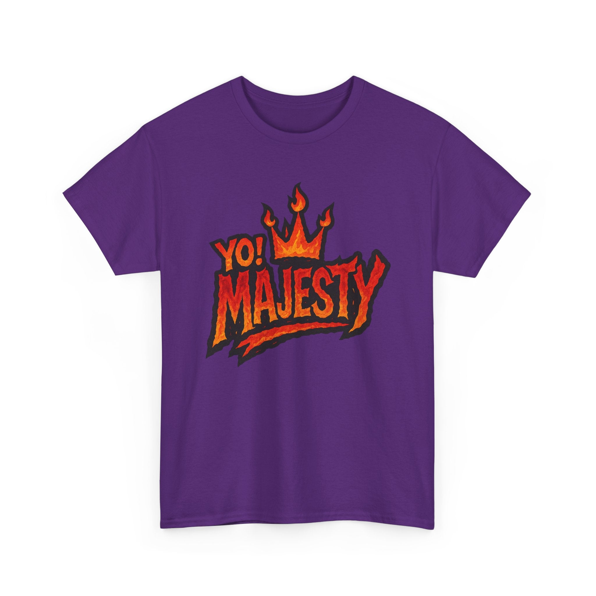 "Yo! Majesty Flaming" Graphic Tee - Unisex Heavy Cotton Tee, Flaming Fire Logo