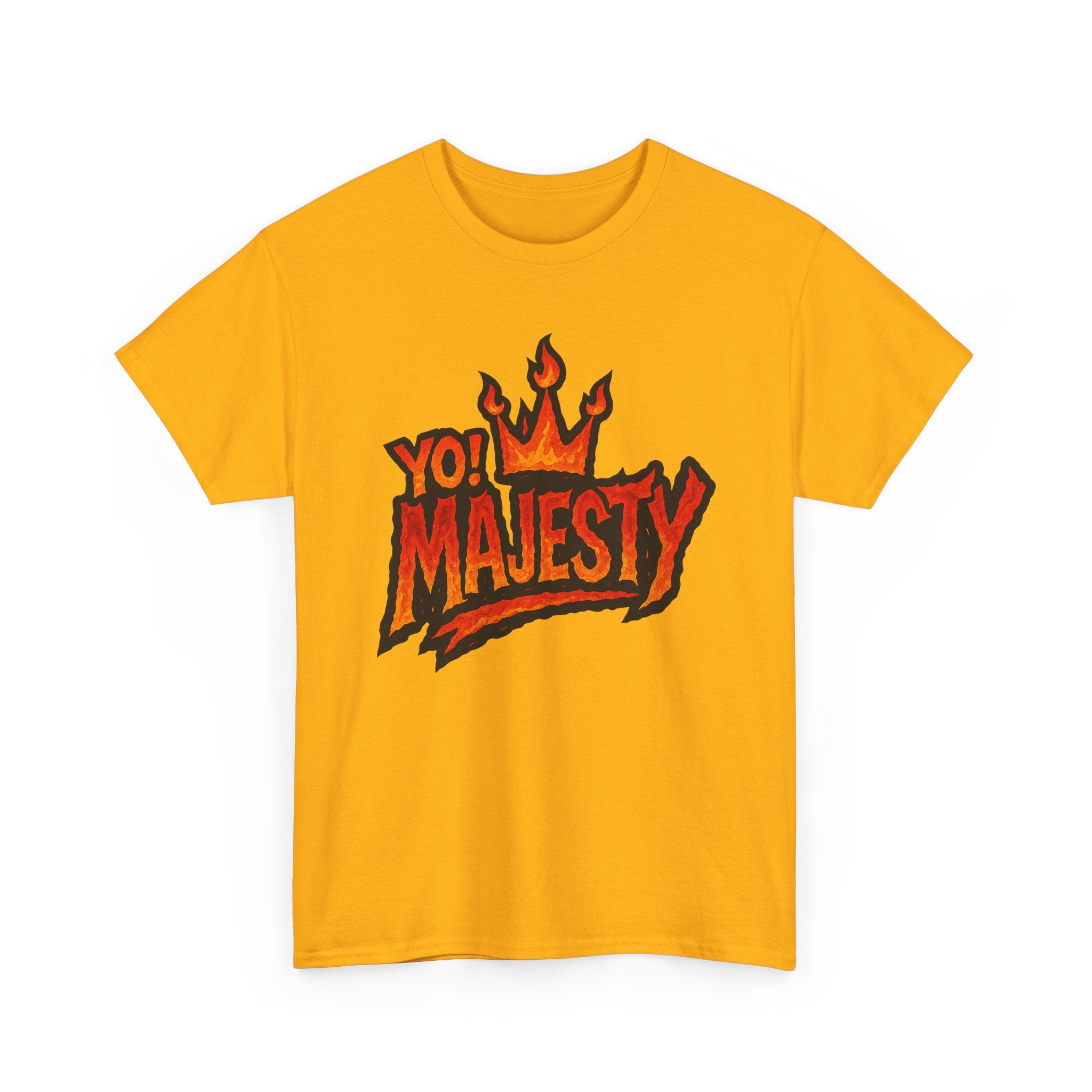"Yo! Majesty Flaming" Graphic Tee - Unisex Heavy Cotton Tee, Flaming Fire Logo