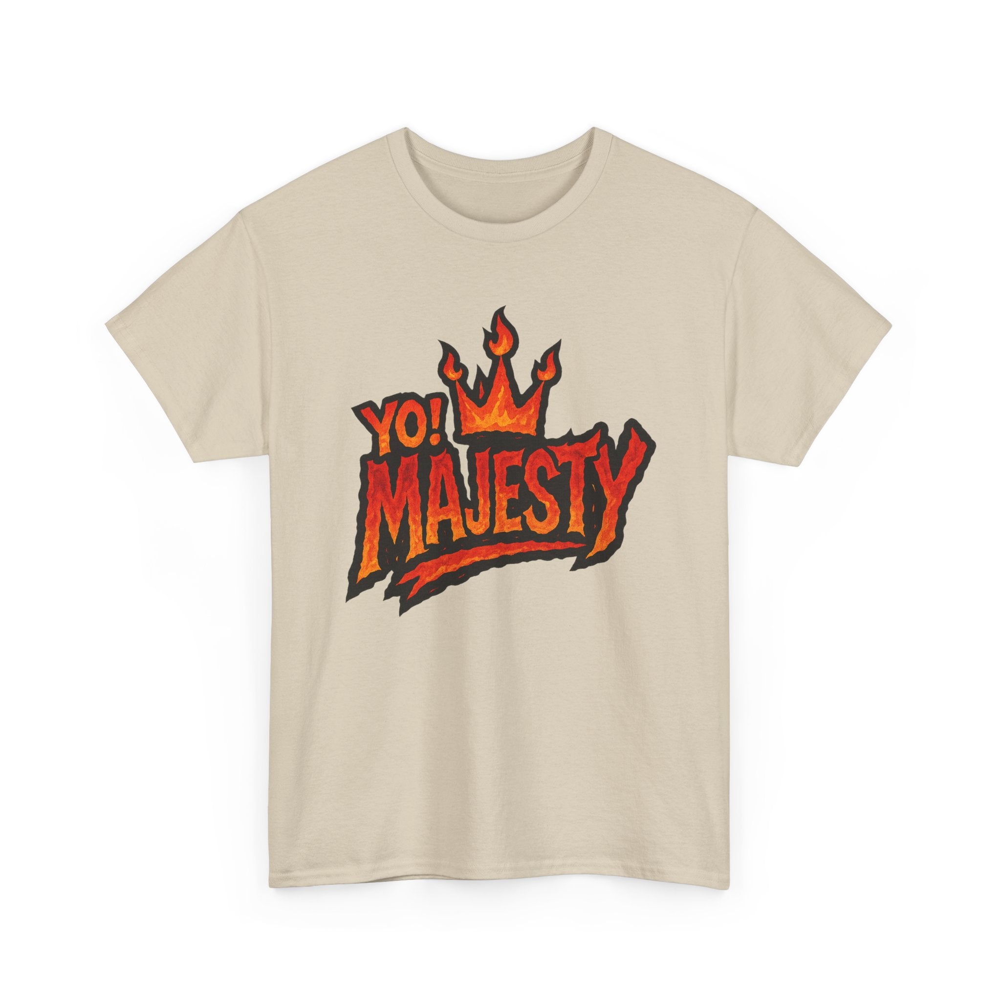 "Yo! Majesty Flaming" Graphic Tee - Unisex Heavy Cotton Tee, Flaming Fire Logo