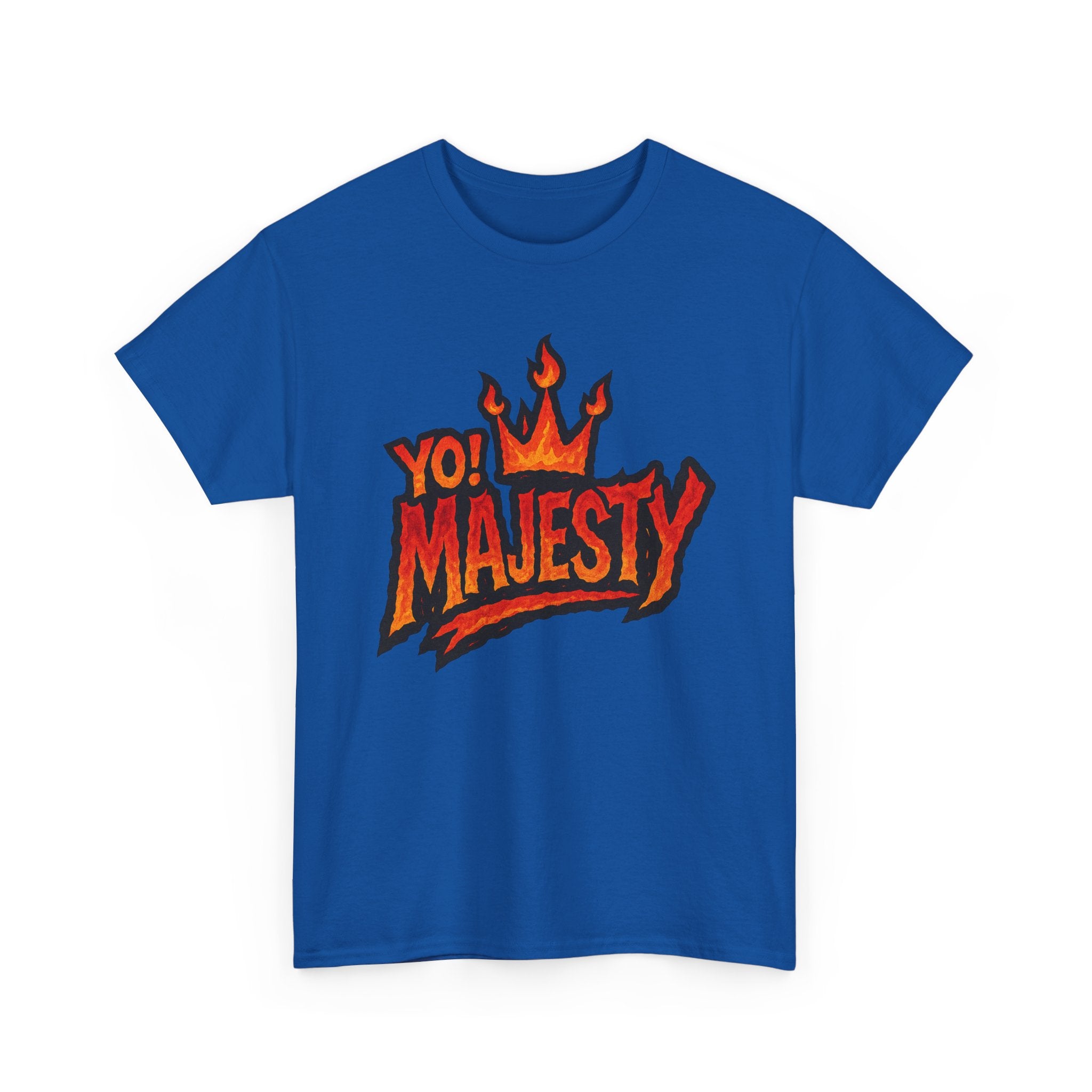 "Yo! Majesty Flaming" Graphic Tee - Unisex Heavy Cotton Tee, Flaming Fire Logo
