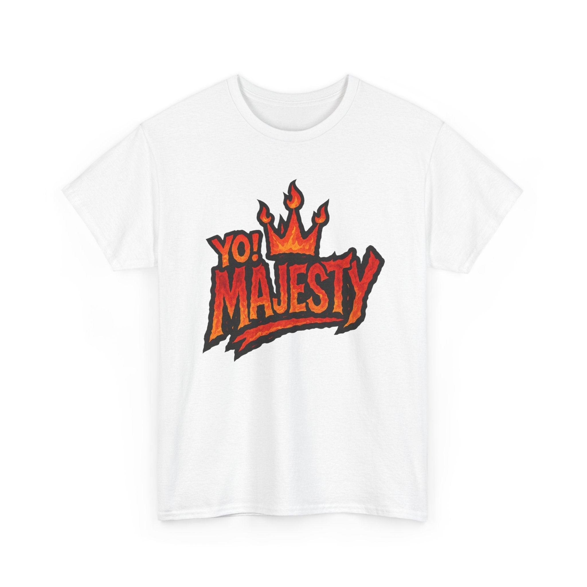 "Yo! Majesty Flaming" Graphic Tee - Unisex Heavy Cotton Tee, Flaming Fire Logo
