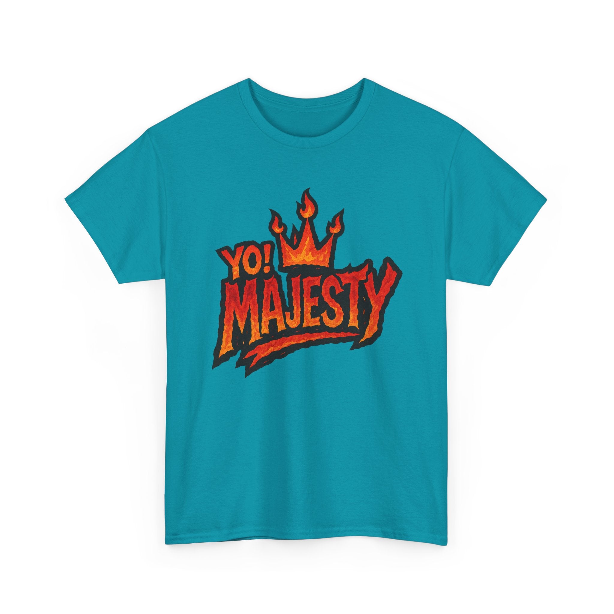 "Yo! Majesty Flaming" Graphic Tee - Unisex Heavy Cotton Tee, Flaming Fire Logo