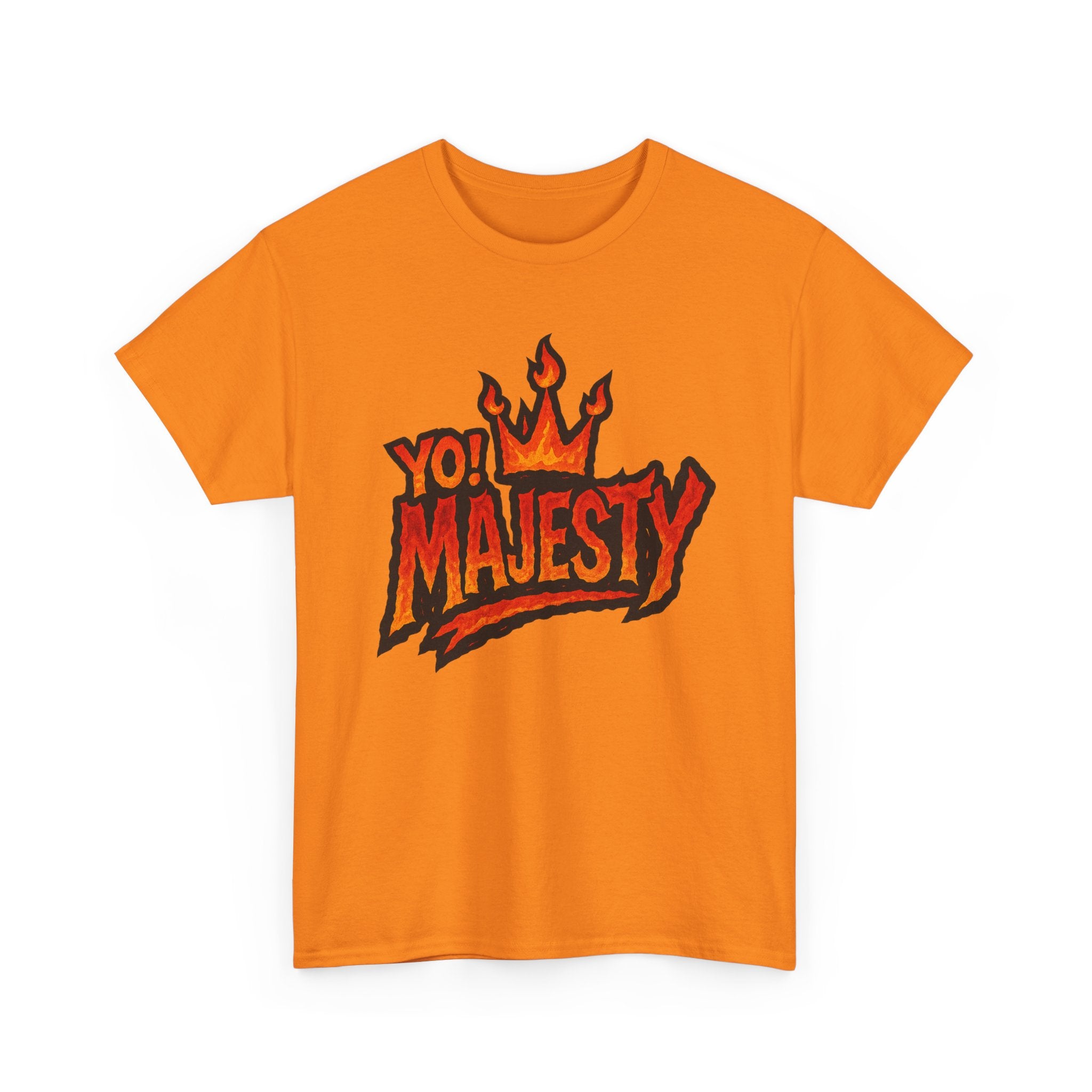"Yo! Majesty Flaming" Graphic Tee - Unisex Heavy Cotton Tee, Flaming Fire Logo